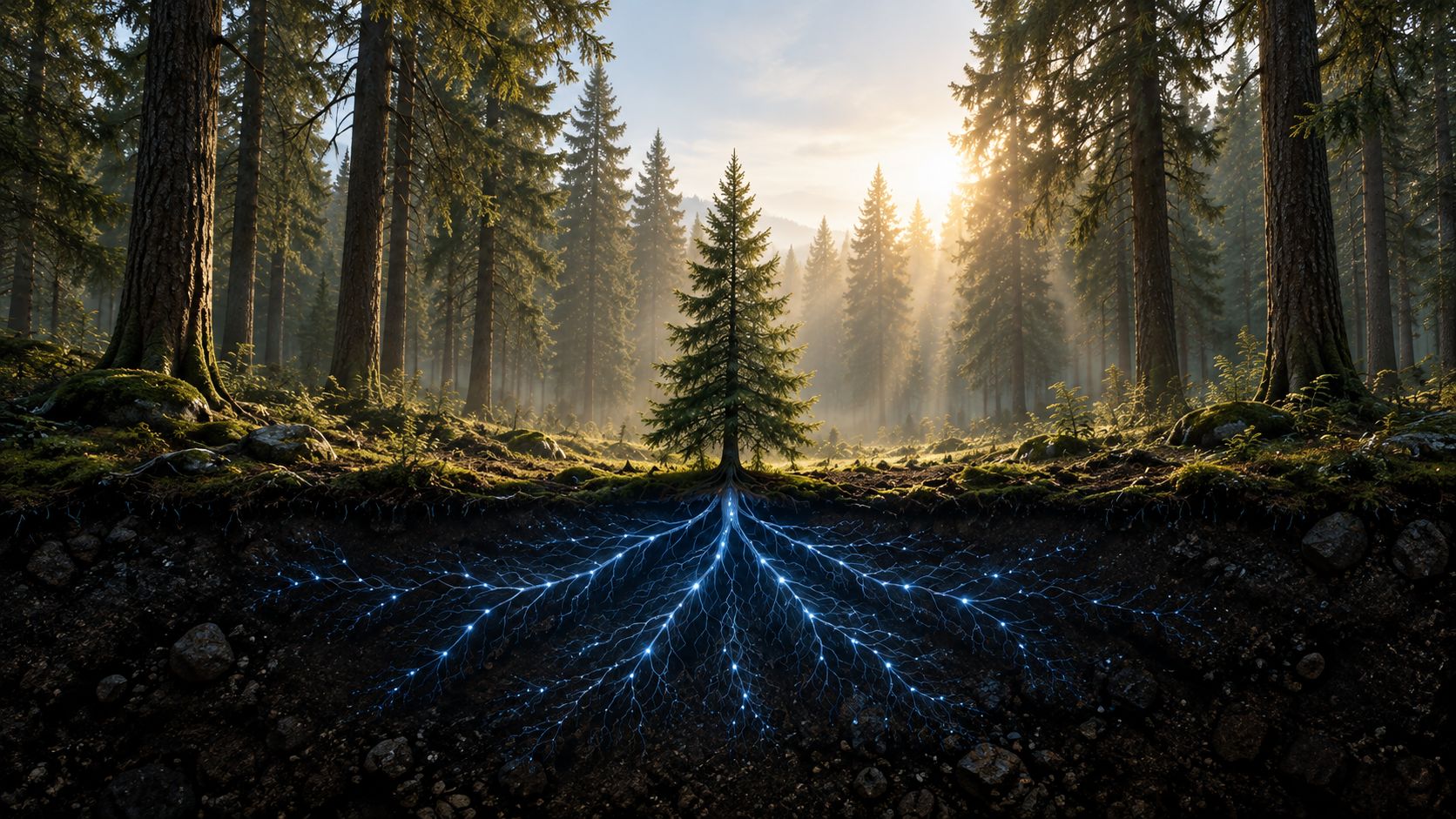 A misty Scandinavian forest with a glowing root network running beneath the surface, representing the systems Saga Marketing Systems builds beneath a business's growth
